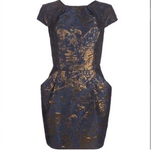 AllSaints Spitalfields Jacquard blue gold party cocktail mini tulip dress